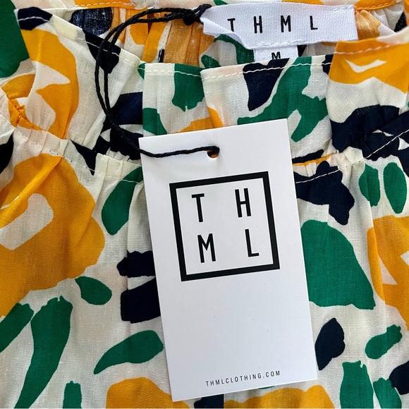 THML Yellow Green Black White Floral Ruffle Sleeve Top Blouse Women’s Medium NWT - Picture 6 of 10